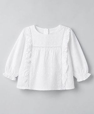 Babyhug 100% Cotton Woven Top with Full Sleeves & Floral Embroidery - White