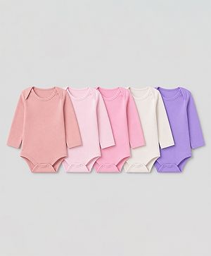 Babyhug 100% Cotton Interlock Knit Full Sleeves Solid Onesies Pack of 5 - Pink, Purple & Beige