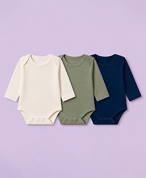 Babyhug 100% Cotton Interlock Knit Full Sleeves Onesies Pack of 3 - White, Green & Navy Blue
