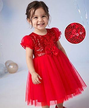 Babyhug Woven Solid Puffed Sleeves Party Dress Sequin Detailing with Bow - Red
