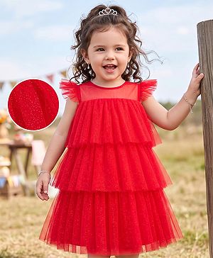 Babyhug Woven Solid Mesh Ruffles Sleeves Party Dress  - Red