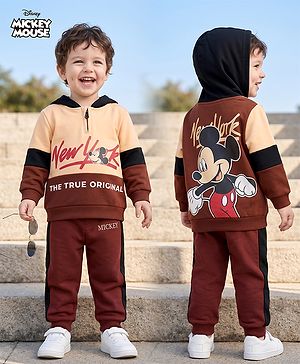 Babyhug Disney 100% Cotton Terry Knit Full Sleeves Hooded Sweatshirt and Jogger Set with Mickey Mouse Graphic at Front & Back - Brown
