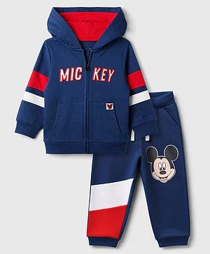 Babyhug Disney 100% Cotton Terry Knit Full Sleeves Hooded Sweatshirt and Jogger with Mickey Mouse Graphic at Front & Back - Blue