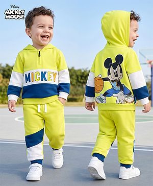 Babyhug Disney 100% Cotton Terry Knit Full Sleeves Hooded Sweatshirt and Joggers with Full Length and Mickey Print at Front & Back in Green