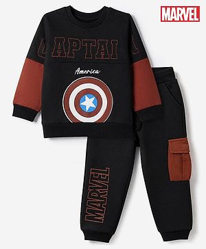 Babyhug Marvel 100% Cotton Terry Full Sleeves Sweatshirt and Joggers with Shield Print - Black