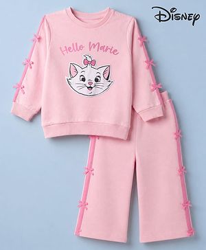 Babyhug Disney 100% Cotton Terry Knit Full Sleeves Sweatshirt and Joggers Set with Marie Graphic & Bow Applique in Pink