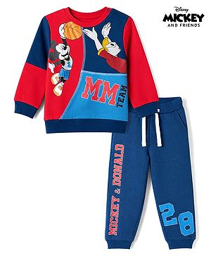 Babyhug Disney 100% Cotton Terry Knit Full Sleeves Sweatshirt and Joggers Set with Mickey Mouse Graphic in Red