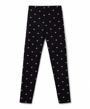 Pine Kids Cotton Lycra Knit Full Length Hearts Printed Leggings - Black
