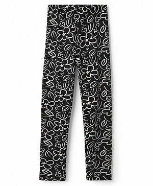 Pine Kids Cotton Lycra Knit Full Length Leggings with Floral Print - Black