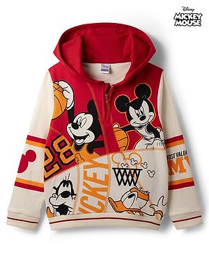 Pine Kids Disney 100% Cotton Knit Full Sleeves Hooded Sweatshirt With Mickey Mouse & Friends Graphic - Red