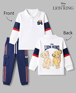 Babyhug Disney Terry Knit Full Sleeves Polo Sweatshirt With Lion King Graphic & Joggers Set - White & Blue