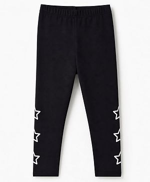 Pine Kids Cotton Lycra Knit Full Length Star Printed Leggings- Black