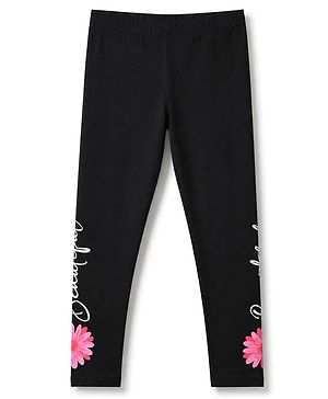 Pine Kids Cotton Lycra Knit Full Length Leggings with Butterfly Foil and Flower Print - Black