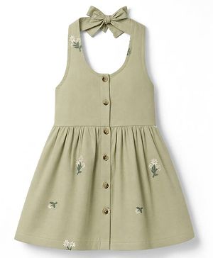 Babyhug 100% Cotton Woven One Piece Dress with Sleeveless and Floral Embroidery in Green for 9-12 Months