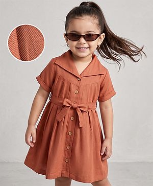 Babyhug Woven Half Sleeves Solid Shirt Dress - Rust Orange