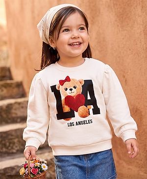 Babyhug Heavy Gauge Terry Knit Full Sleeves Sweatshirt with Teddy Bear & Text Print - White