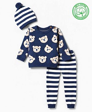 Babyhug 100% Cotton Knit Full Sleeves Sweater Set with Bear Design - Navy Blue