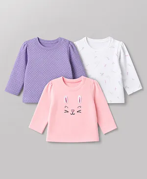 Babyhug Cotton Knit Full Sleeves T-Shirts with Polka Dots, Floral & Animal Print - Purple White & Pink