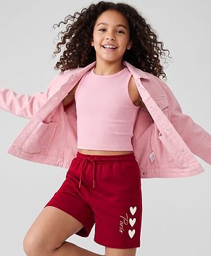 Pine Kids 100% Cotton Looper Knit Solid Short With Heart Print In Maroon