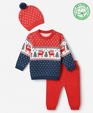 Babyhug 100% Cotton Knit Full Sleeves Sweater Set with Rain Deer Design - Navy Blue