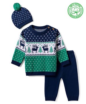Babyhug 100% Cotton Knit Full Sleeves Deer Design Sweater Set with Cap - Navy Blue