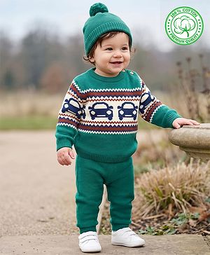 Babyhug 100% Cotton Knit Full Sleeves Sweater Set with Car Design - Green