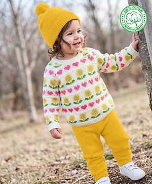 Babyhug Cotton Natural Knit Full Sleeves Pullover & Pant Sweater Set and Cap with Pom Pom with Sunflower Hearts All Over Design - White, Yellow