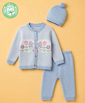 Babyhug Knit Full Sleeves Sweater Set With Floral Design & Cap - Blue