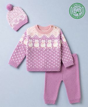 Babyhug Cotton Natural Knit Sweater Sets with Full Sleeves and Cat Print & Cap in Lilac