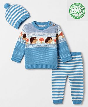 Babyhug Cotton Knit Full Sleeves Sweater Set with Cap & Hedgehog Design in Blue