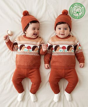 Babyhug Cotton Knit Sweater Set with Cap and Full Sleeves with Hedgehog Mushroom Cable Knit Design - Light Brown
