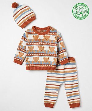 Babyhug Cotton Knit Full Sleeves Sweater Pants and Cap with Bear Design in Sky Blue & Light Brown