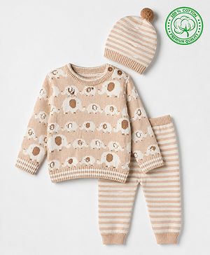 Babyhug Cotton Sweater Set with Cap and Full Sleeves with Stripes & Elephant Cable Knit Design - Ivory