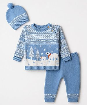 Babyhug Cotton Knit Full Sleeves Sweater Sets with Polar Bear Design and Cap - Blue