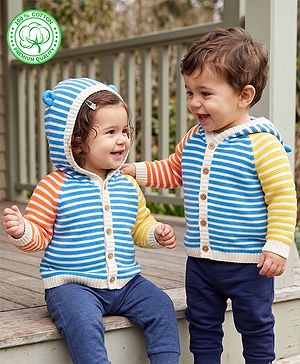 Babyhug Cotton Knit Front Open Sweater with Full Sleeves, Raglan Sleeves and Striped Print in Light/Sky Blue for 3-6 Months