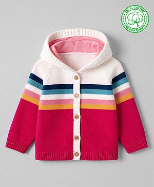 Babyhug 100% Cotton Knit Front Open Hooded Sweater with Full Sleeves and Color Block Design - Dark Pink