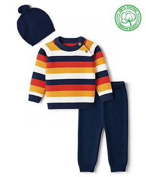 Babyhug 100% Cotton Knit Full Sleeves Striped Sweater Set with Cap - Navy Blue