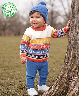 Babyhug 100% Cotton Knit Full Sleeves Sweater Set with Cap & Snow Dear Design - White
