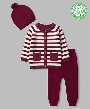 Babyhug 100% Cotton Knit Full Sleeves Striped Sweater Set with Cap - Wine