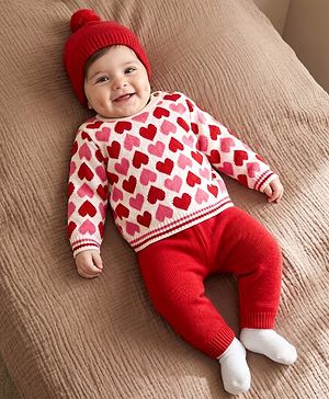 Babyhug 100% Cotton Knit Full Sleeves Sweater Set with Cap & Heart Design - Red