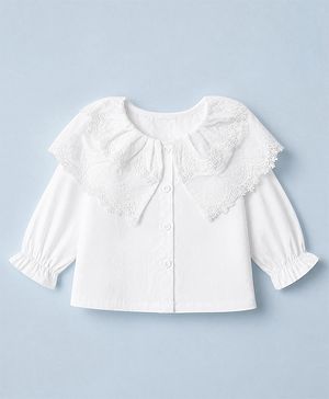 Babyhug 100% Cotton Poplin Woven Front Open Solid Top with Full Sleeves in White