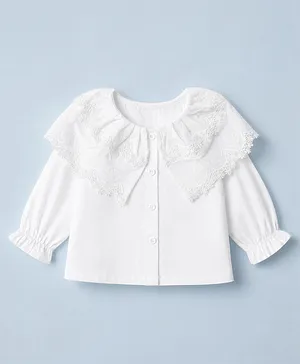 Babyhug 100% Cotton Poplin Woven Front Open Solid Top with Full Sleeves in White