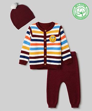 Babyhug 100% Cotton Knit Full Sleeves Striped Sweater Set with Cap & Smiley Patch - Maroon