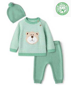 Babyhug Cotton Knit Full Sleeves Striped Sweater Set with Cap and Bear Applique - Mint