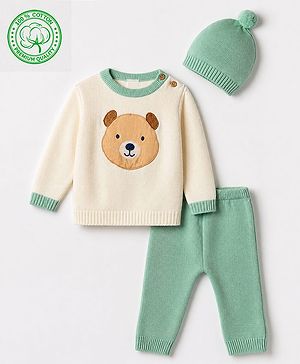Babyhug Cotton Knit Full Sleeves Sweater Set With Bear Design & Cap - White