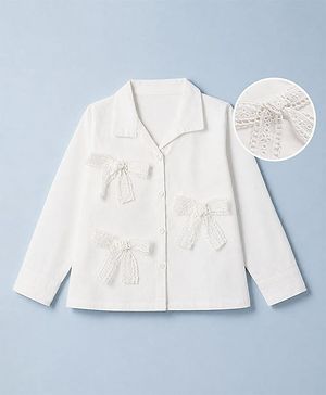 Babyhug Poplin 100% Cotton Woven Top With Full Sleeves and Lace Bow Applique - White