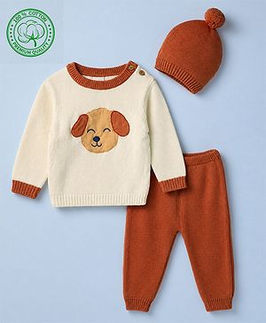 Babyhug Cotton Knit Full Sleeves Sweater and Pant Set with Cap and Dog Patch - White