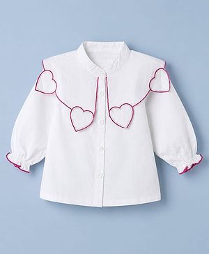 Babyhug 100% Cotton Poplin Woven Top with Full Sleeves and Heart Embroidery - White