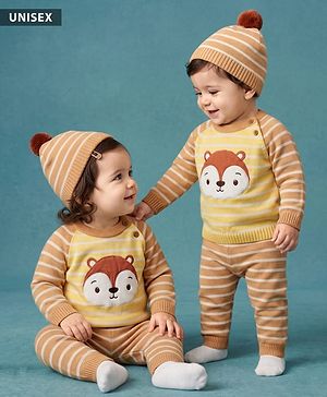 Babyhug 100% Cotton Knit Full Sleeves Striped Sweater Sets with Animal Patch & Cap - Brown