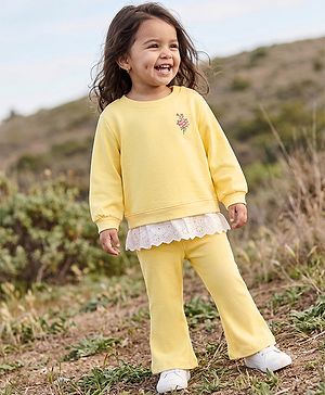 Babyhug 100% Cotton Single Jersey Knit Full Sleeves Top and Legging Set with Lace Details and Floral Embroidery - Yellow